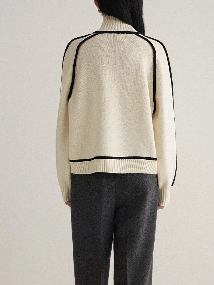 Comfortable Contrast Piping Sweater for Women with Turtleneck Long Sleeve Relaxed Oversized Knit Style