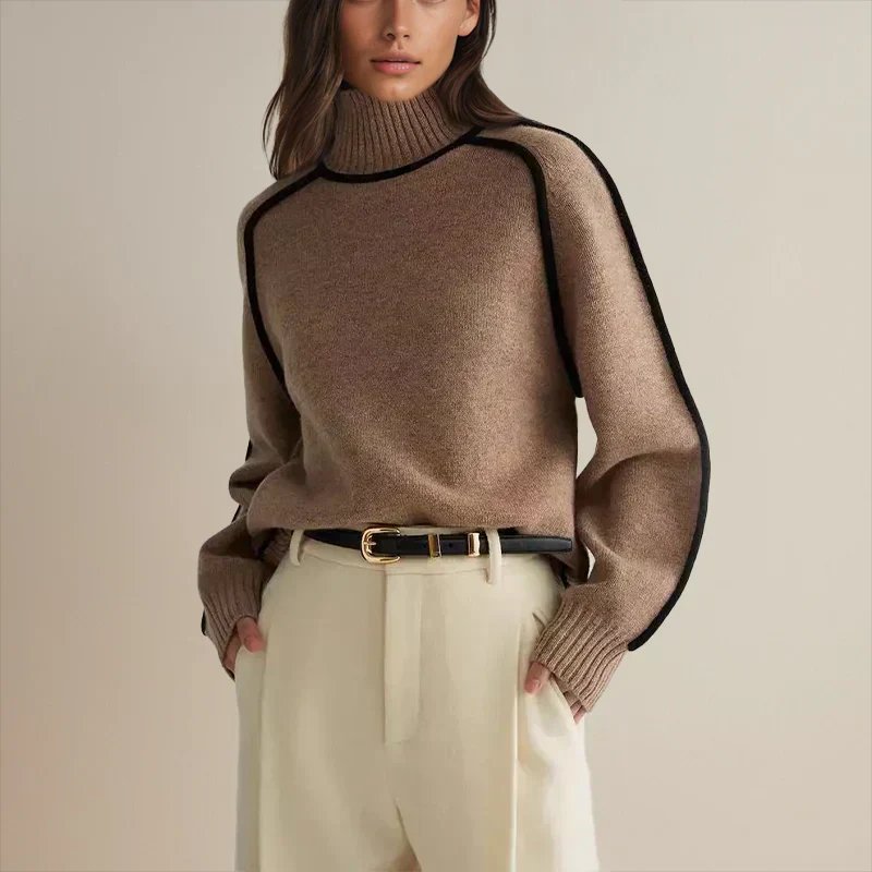 Comfortable Contrast Piping Sweater for Women with Turtleneck Long Sleeve Relaxed Oversized Knit Style
