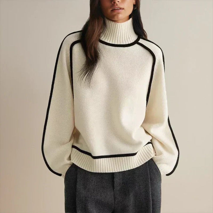 Comfortable Contrast Piping Sweater for Women with Turtleneck Long Sleeve Relaxed Oversized Knit Style