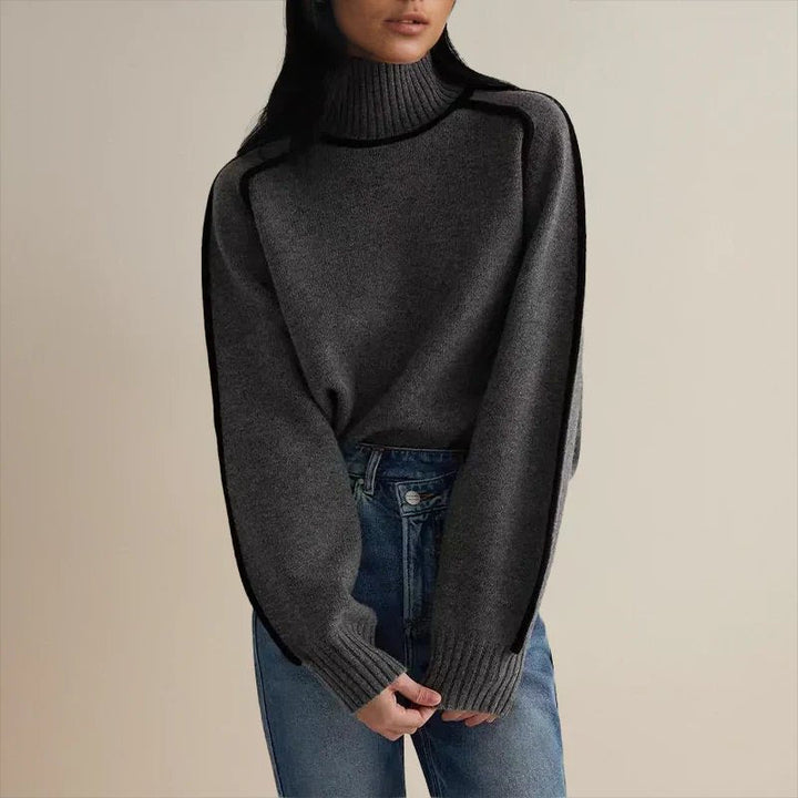 Comfortable Contrast Piping Sweater for Women with Turtleneck Long Sleeve Relaxed Oversized Knit Style