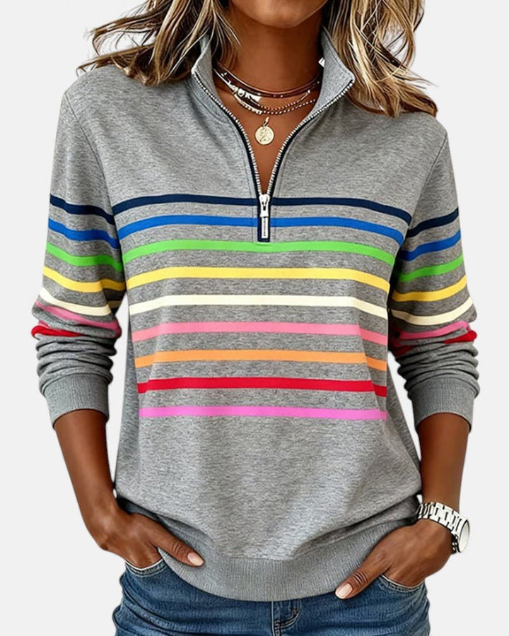 Comfortable Rainbow Striped Quarter Zip Sweatshirt for Women with Stand Collar Long Sleeve Relaxed Knit Style