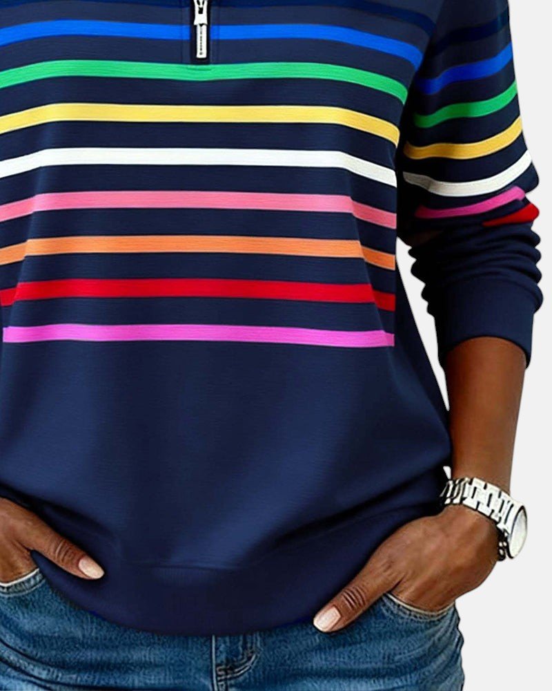 Comfortable Rainbow Striped Quarter Zip Sweatshirt for Women with Stand Collar Long Sleeve Relaxed Knit Style