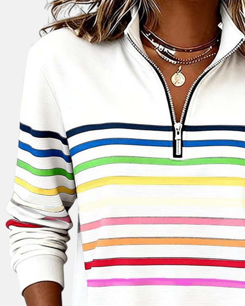 Comfortable Rainbow Striped Quarter Zip Sweatshirt for Women with Stand Collar Long Sleeve Relaxed Knit Style