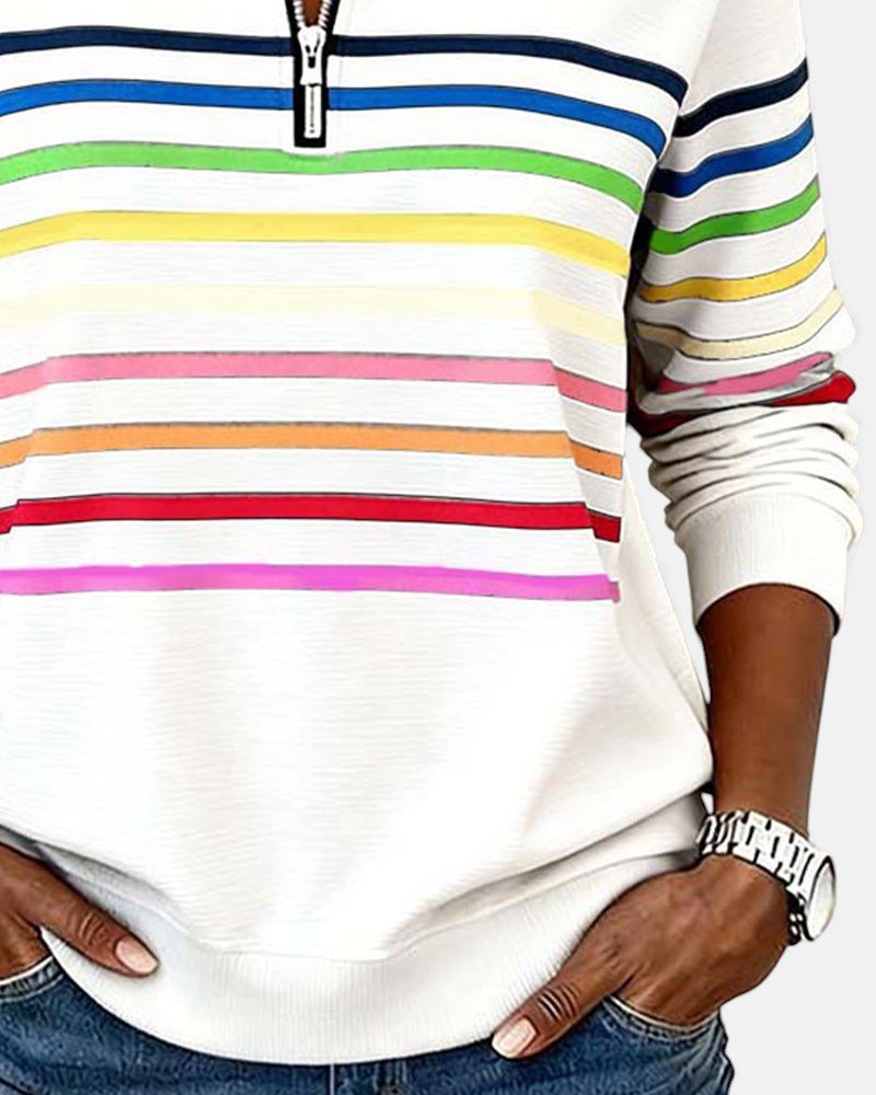 Comfortable Rainbow Striped Quarter Zip Sweatshirt for Women with Stand Collar Long Sleeve Relaxed Knit Style