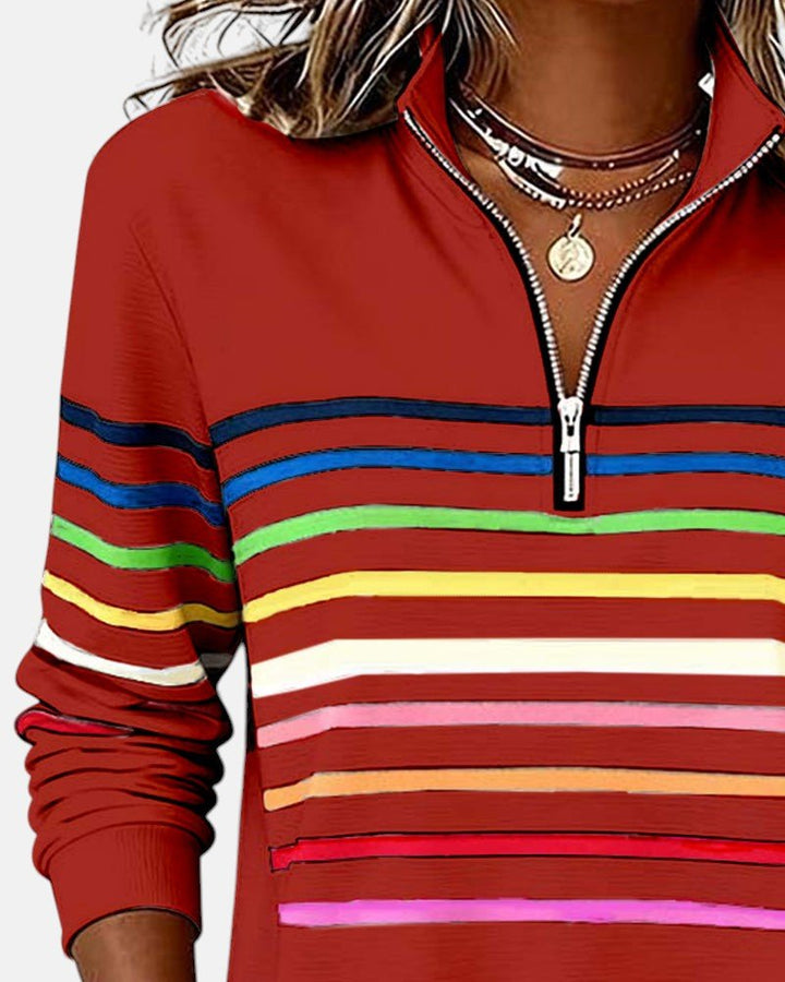 Comfortable Rainbow Striped Quarter Zip Sweatshirt for Women with Stand Collar Long Sleeve Relaxed Knit Style