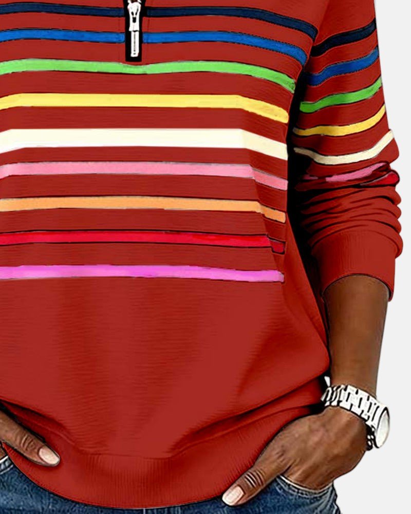 Comfortable Rainbow Striped Quarter Zip Sweatshirt for Women with Stand Collar Long Sleeve Relaxed Knit Style