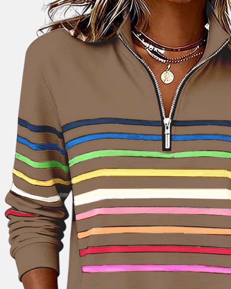 Comfortable Rainbow Striped Quarter Zip Sweatshirt for Women with Stand Collar Long Sleeve Relaxed Knit Style