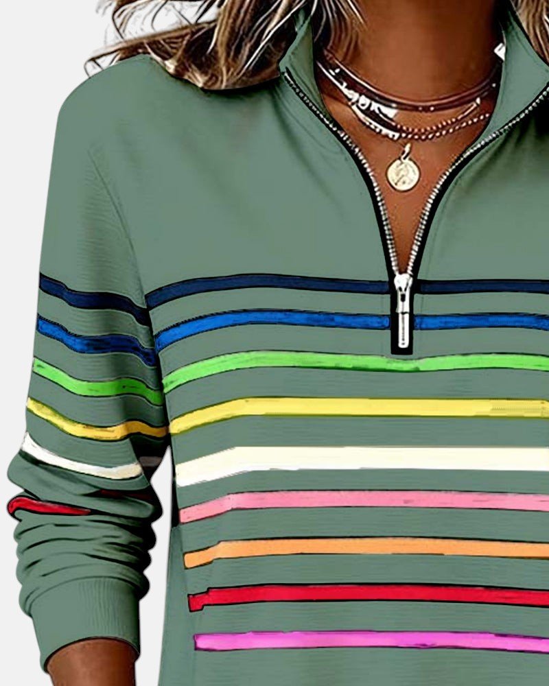 Comfortable Rainbow Striped Quarter Zip Sweatshirt for Women with Stand Collar Long Sleeve Relaxed Knit Style