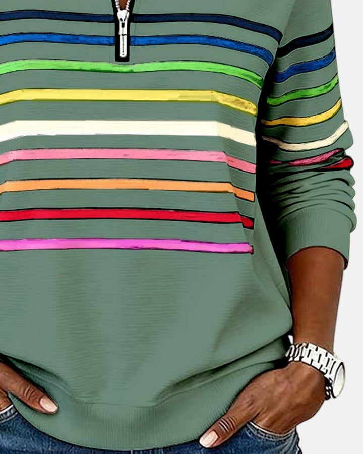 Comfortable Rainbow Striped Quarter Zip Sweatshirt for Women with Stand Collar Long Sleeve Relaxed Knit Style