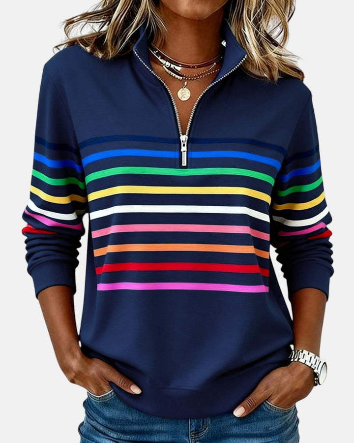 Comfortable Rainbow Striped Quarter Zip Sweatshirt for Women with Stand Collar Long Sleeve Relaxed Knit Style
