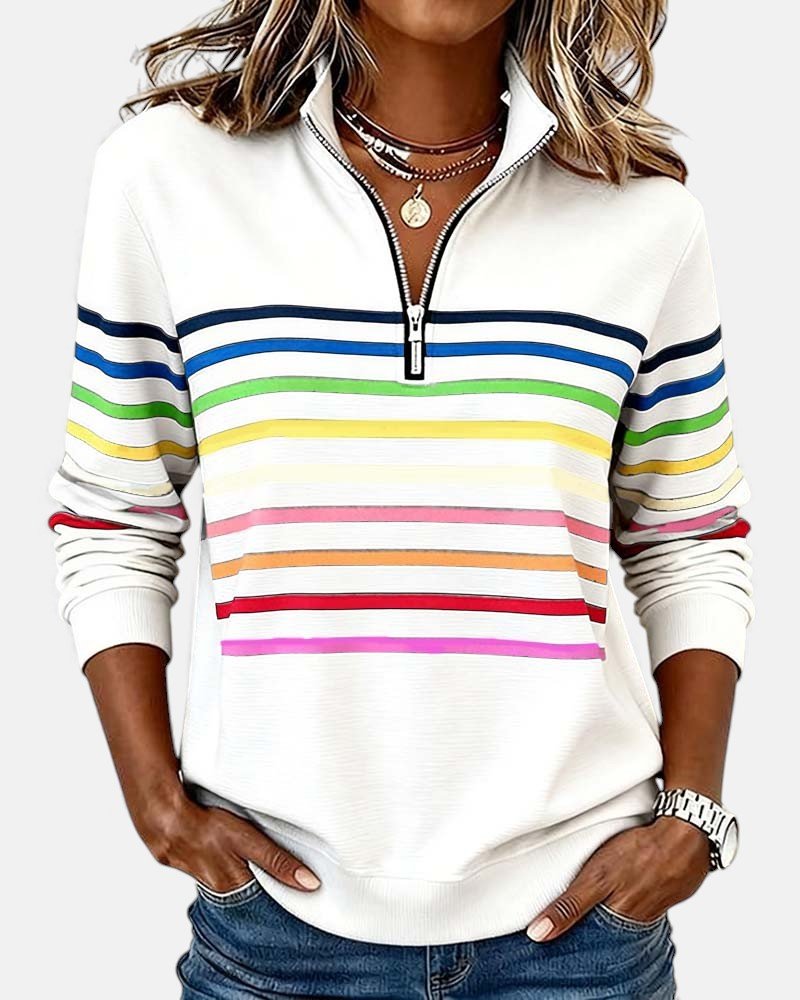 Comfortable Rainbow Striped Quarter Zip Sweatshirt for Women with Stand Collar Long Sleeve Relaxed Knit Style