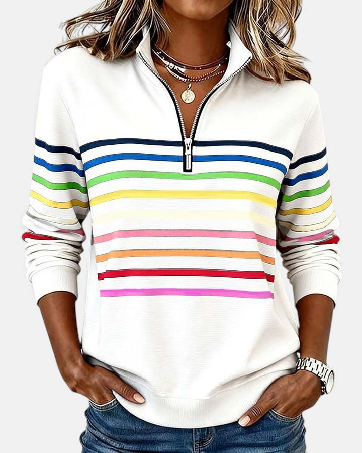 Comfortable Rainbow Striped Quarter Zip Sweatshirt for Women with Stand Collar Long Sleeve Relaxed Knit Style