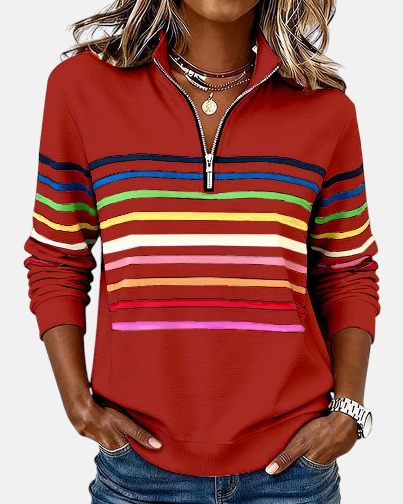 Comfortable Rainbow Striped Quarter Zip Sweatshirt for Women with Stand Collar Long Sleeve Relaxed Knit Style
