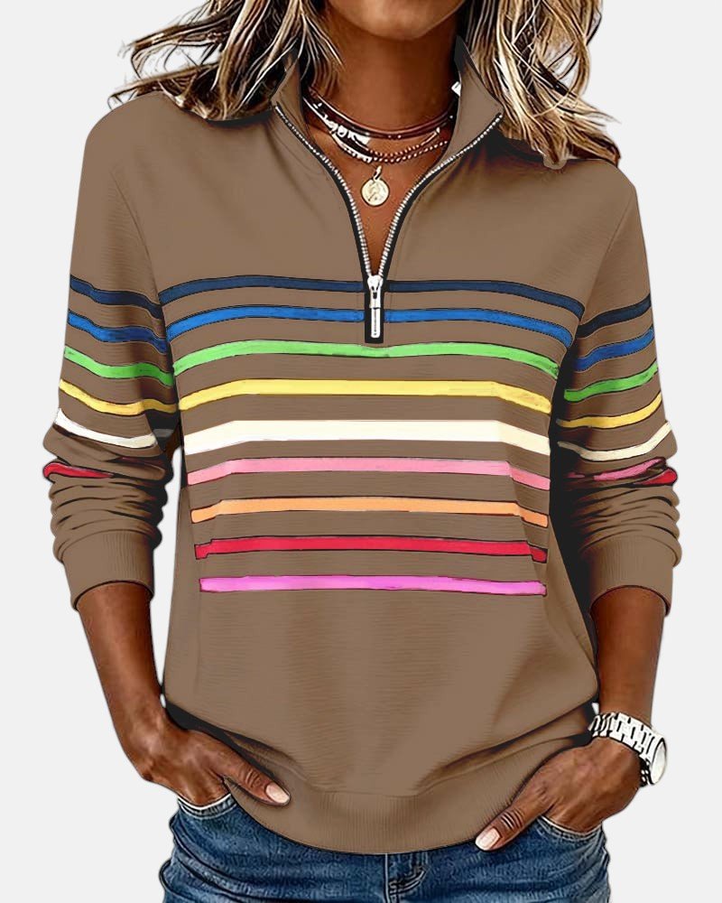 Comfortable Rainbow Striped Quarter Zip Sweatshirt for Women with Stand Collar Long Sleeve Relaxed Knit Style