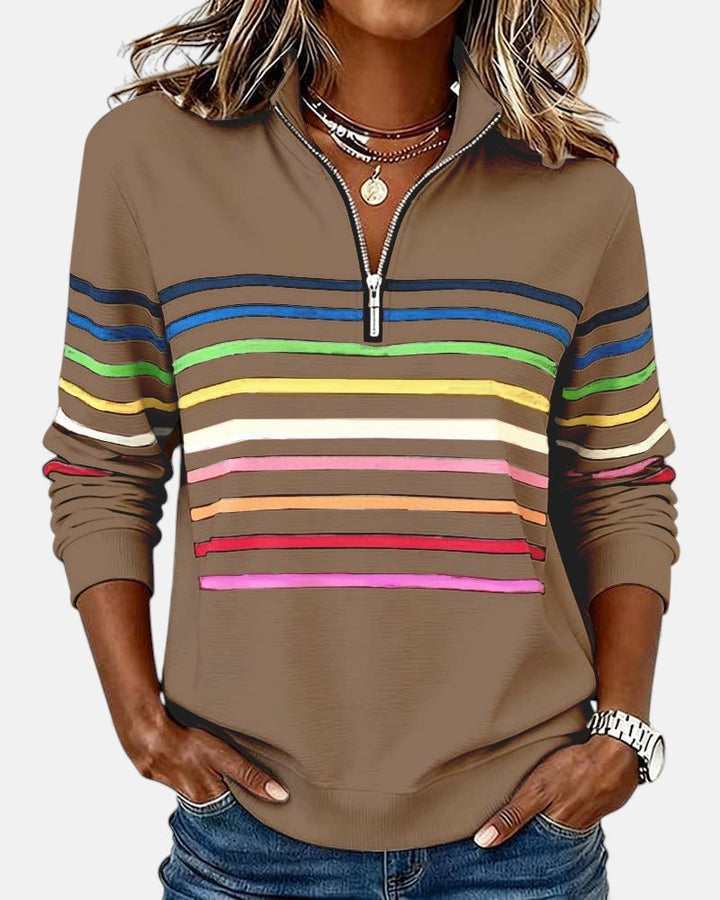 Comfortable Rainbow Striped Quarter Zip Sweatshirt for Women with Stand Collar Long Sleeve Relaxed Knit Style