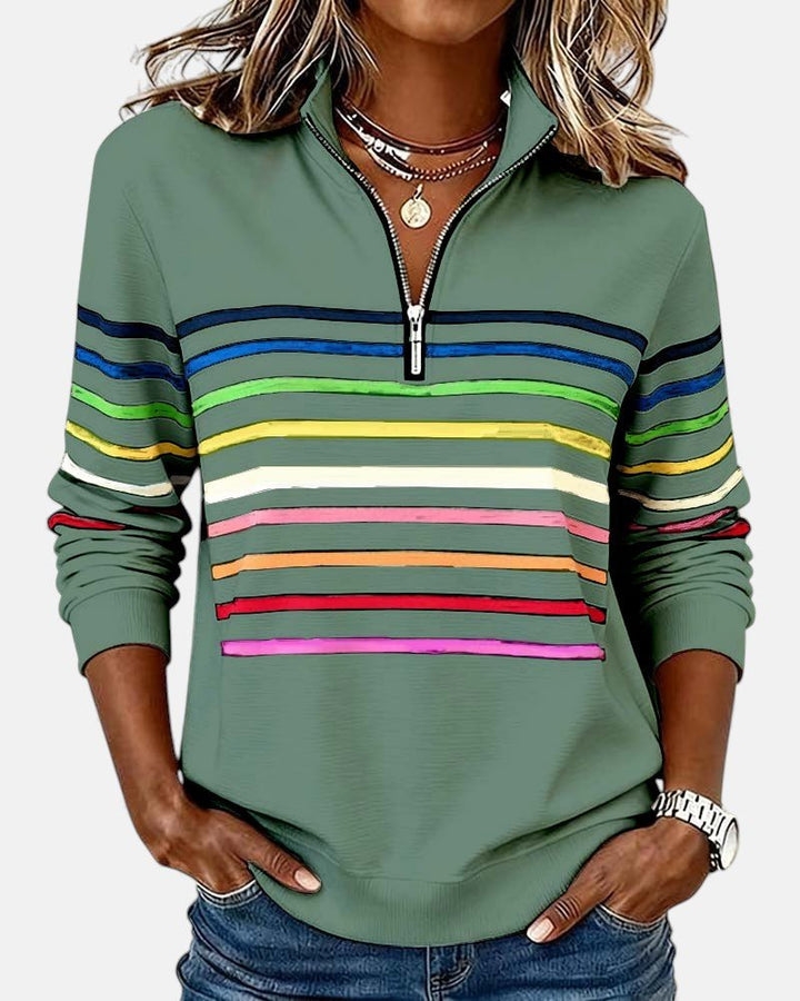 Comfortable Rainbow Striped Quarter Zip Sweatshirt for Women with Stand Collar Long Sleeve Relaxed Knit Style