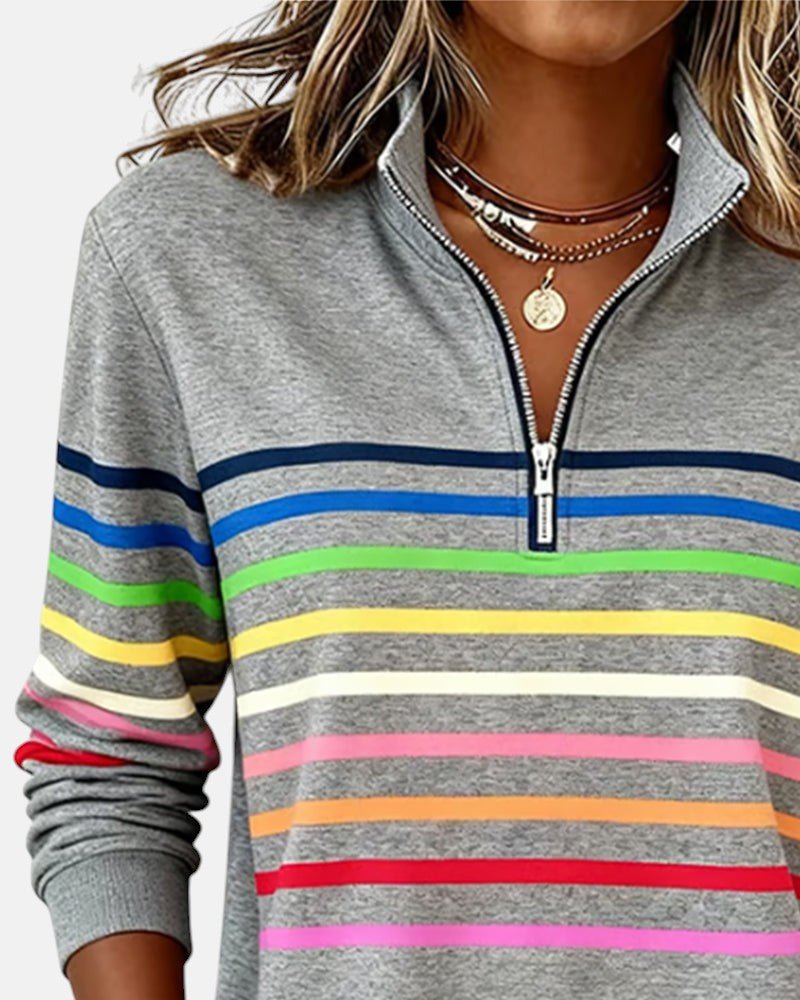 Comfortable Rainbow Striped Quarter Zip Sweatshirt for Women with Stand Collar Long Sleeve Relaxed Knit Style