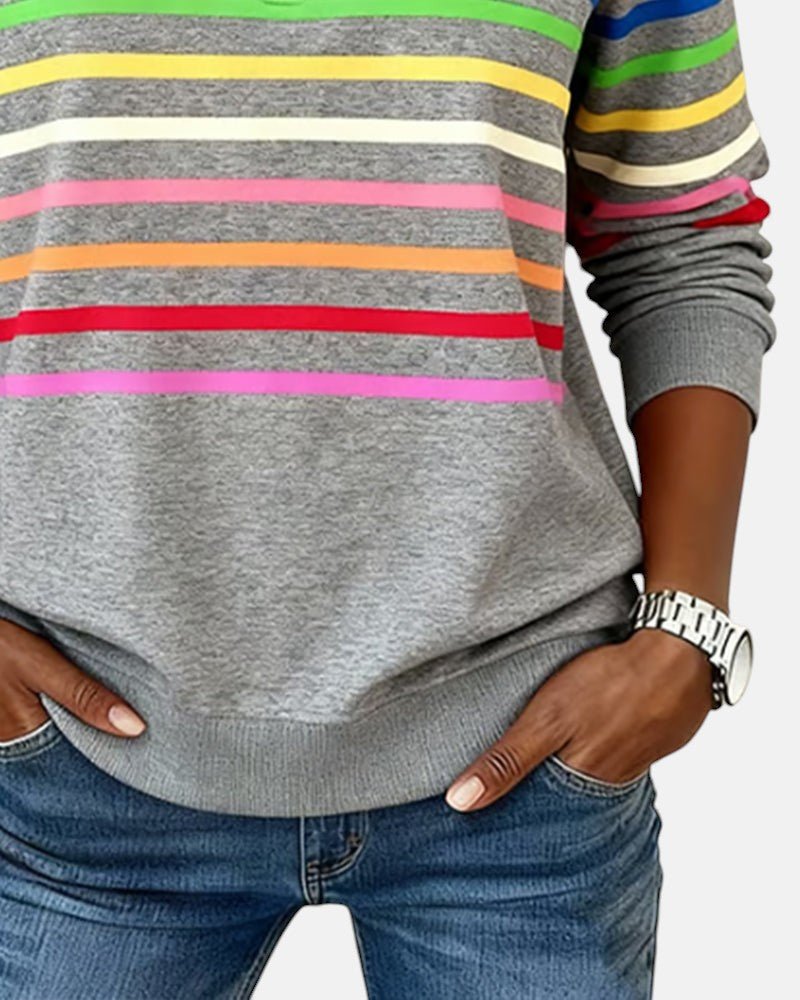 Comfortable Rainbow Striped Quarter Zip Sweatshirt for Women with Stand Collar Long Sleeve Relaxed Knit Style