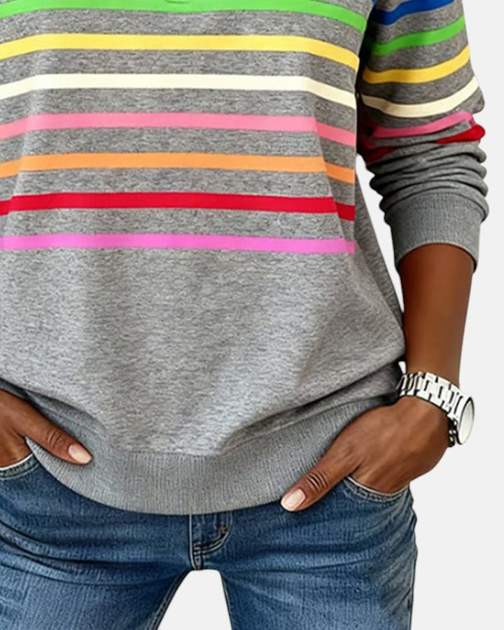 Comfortable Rainbow Striped Quarter Zip Sweatshirt for Women with Stand Collar Long Sleeve Relaxed Knit Style