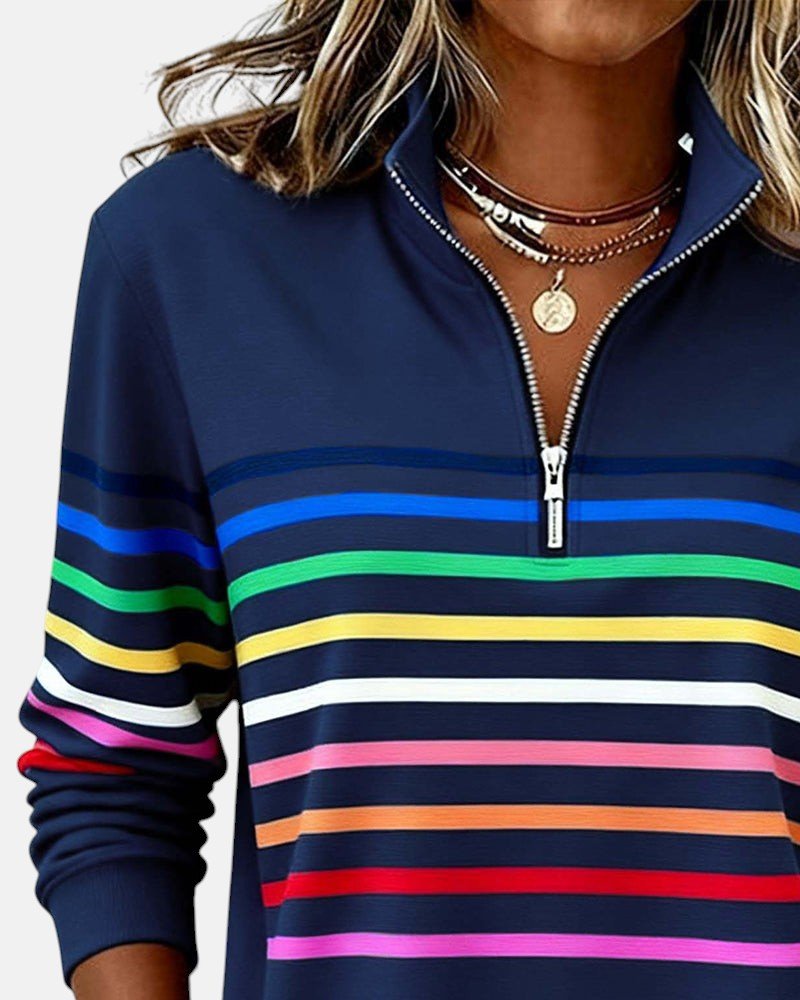 Comfortable Rainbow Striped Quarter Zip Sweatshirt for Women with Stand Collar Long Sleeve Relaxed Knit Style