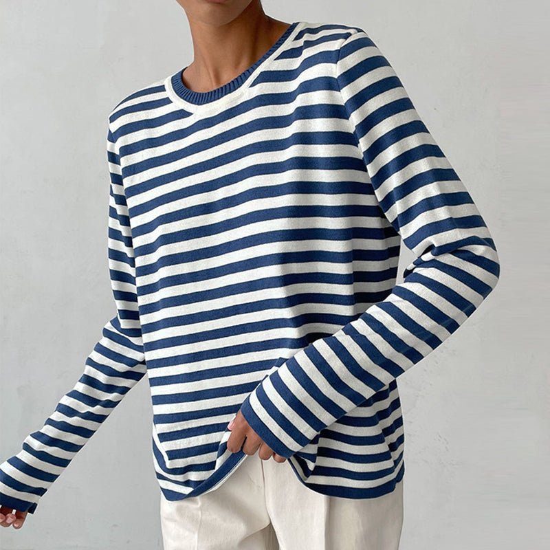 Comfortable Striped Sweater for Women with Crew Neck Long Sleeve Relaxed Oversized Knit Style