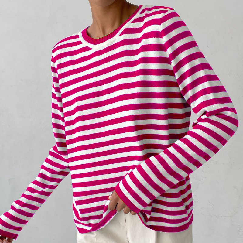 Comfortable Striped Sweater for Women with Crew Neck Long Sleeve Relaxed Oversized Knit Style