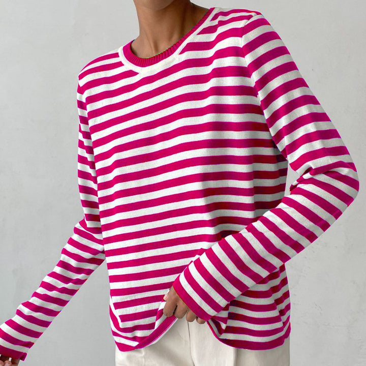 Comfortable Striped Sweater for Women with Crew Neck Long Sleeve Relaxed Oversized Knit Style