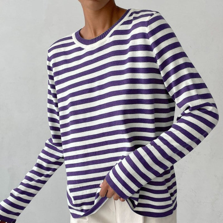 Comfortable Striped Sweater for Women with Crew Neck Long Sleeve Relaxed Oversized Knit Style