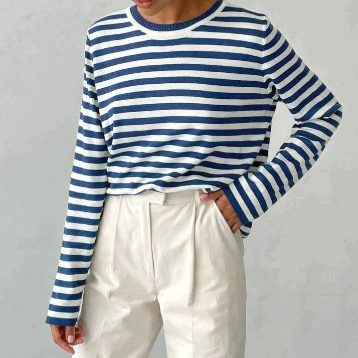 Comfortable Striped Sweater for Women with Crew Neck Long Sleeve Relaxed Oversized Knit Style