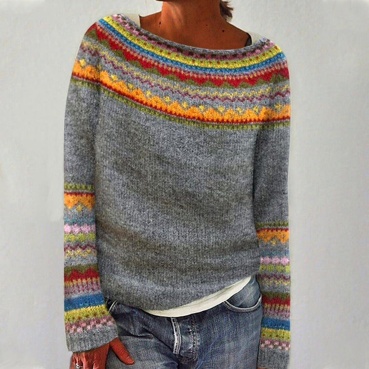 Comfortable Fair Isle Knit Sweater for Women with Boat Neck Long Sleeve Relaxed Oversized Style