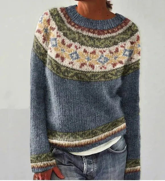 Comfortable Fair Isle Knit Sweater for Women with Boat Neck Long Sleeve Relaxed Oversized Style