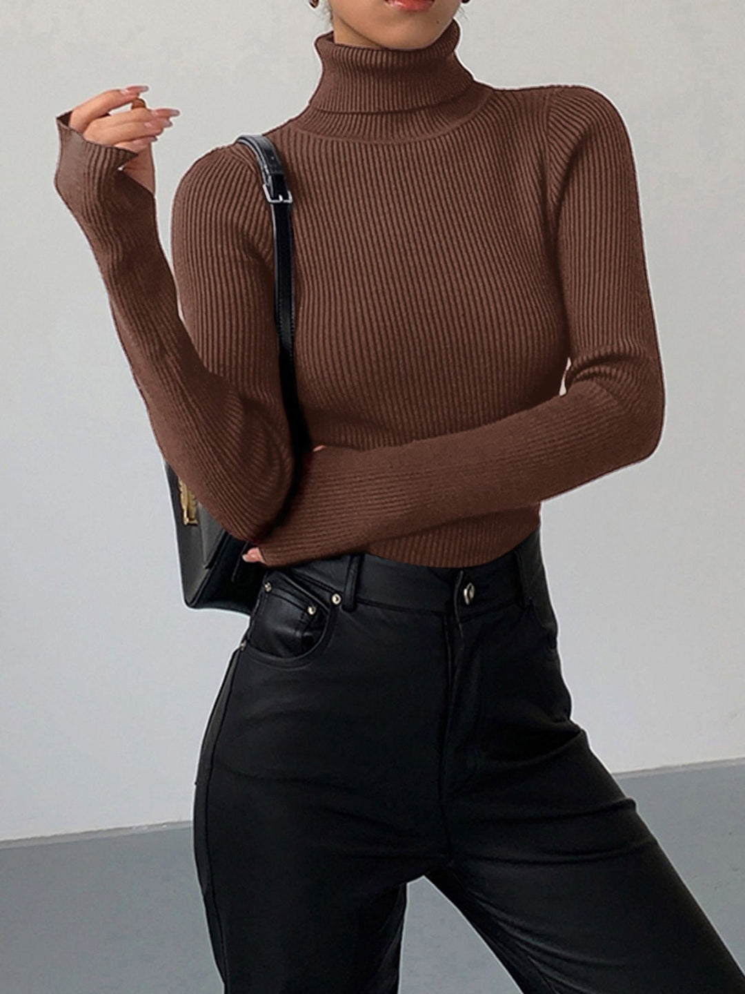 Comfortable Ribbed Knit Sweater for Women with Turtleneck Long Sleeve Fitted Bodycon Style
