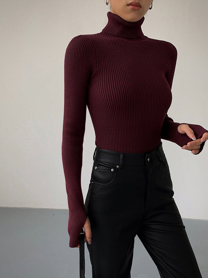 Comfortable Ribbed Knit Sweater for Women with Turtleneck Long Sleeve Fitted Bodycon Style