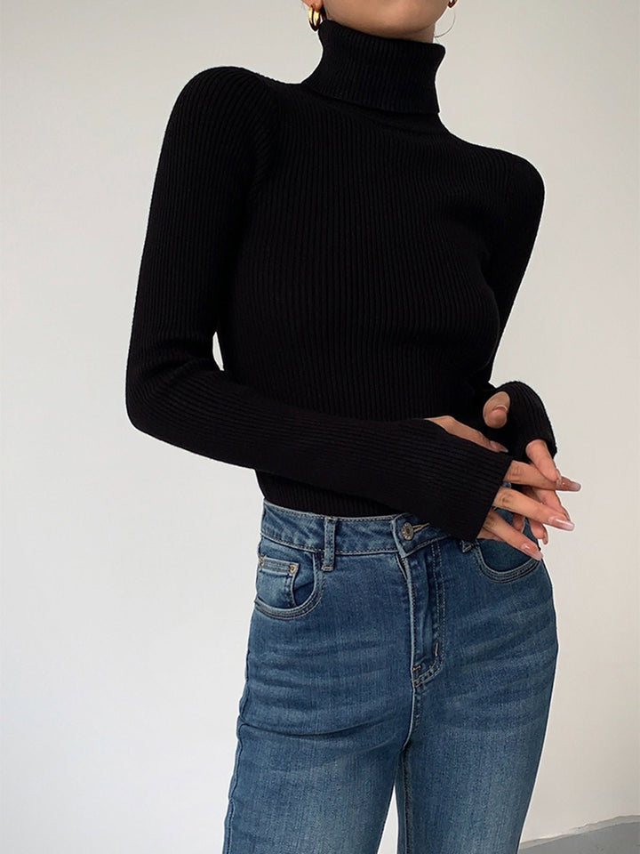Comfortable Ribbed Knit Sweater for Women with Turtleneck Long Sleeve Fitted Bodycon Style