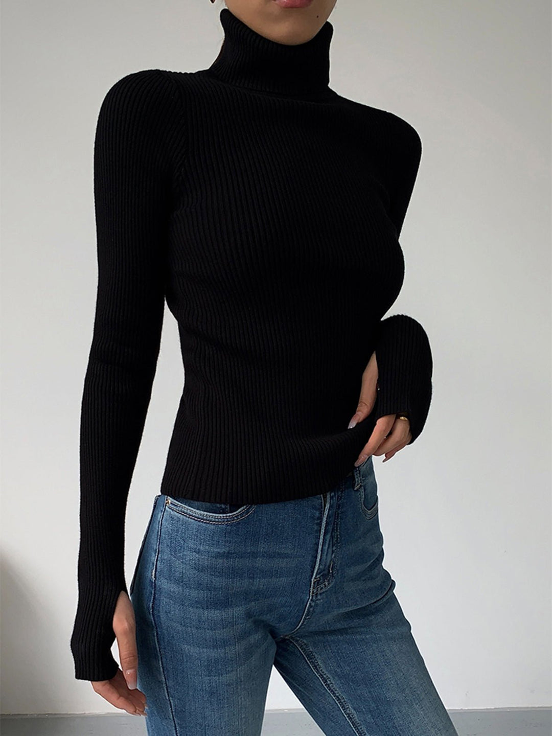 Comfortable Ribbed Knit Sweater for Women with Turtleneck Long Sleeve Fitted Bodycon Style