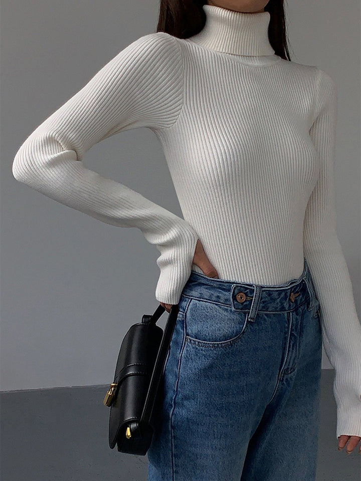 Comfortable Ribbed Knit Sweater for Women with Turtleneck Long Sleeve Fitted Bodycon Style